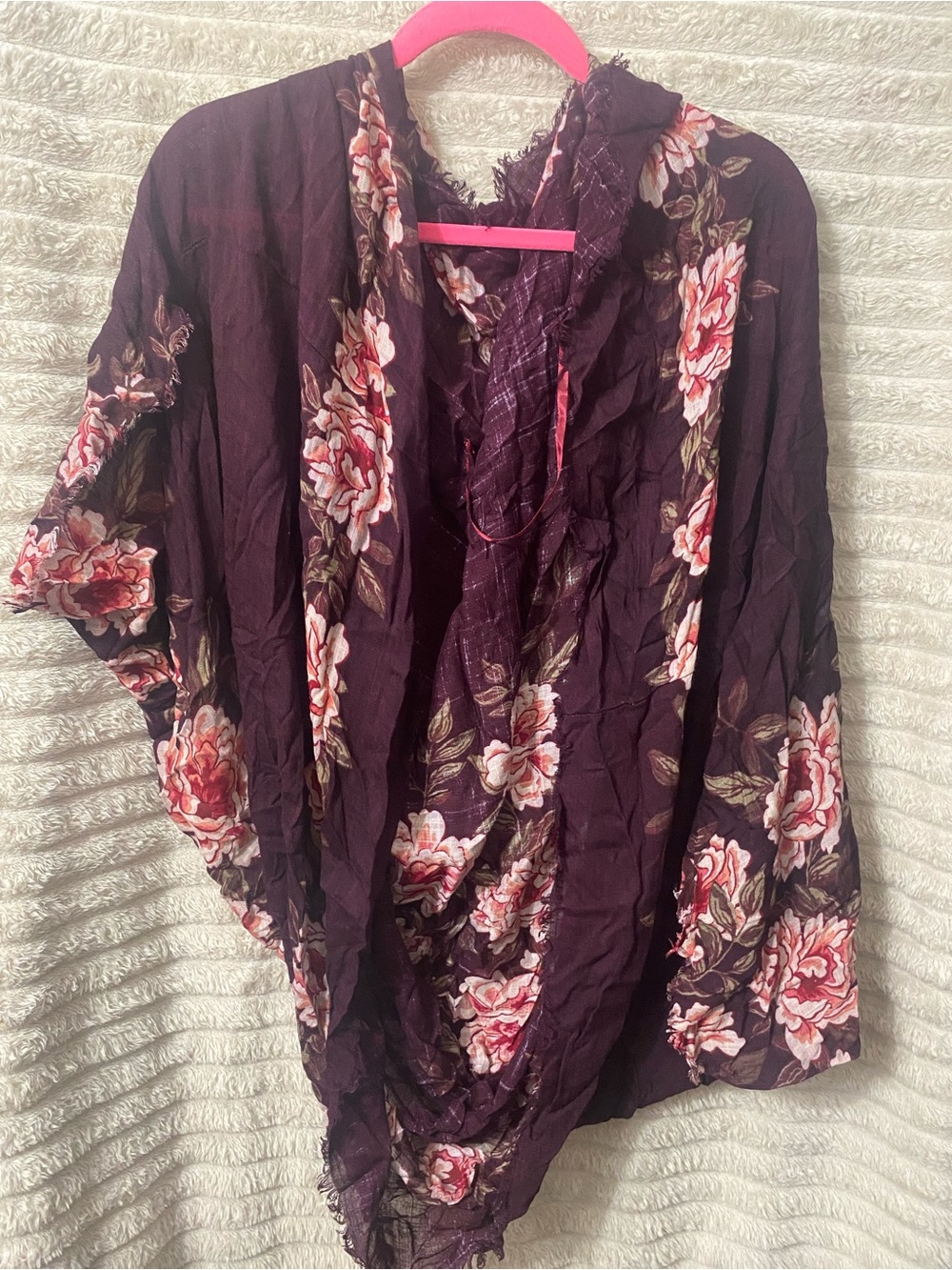 Floral Open Front Kimono - Deep Plum with Pink Rose Print